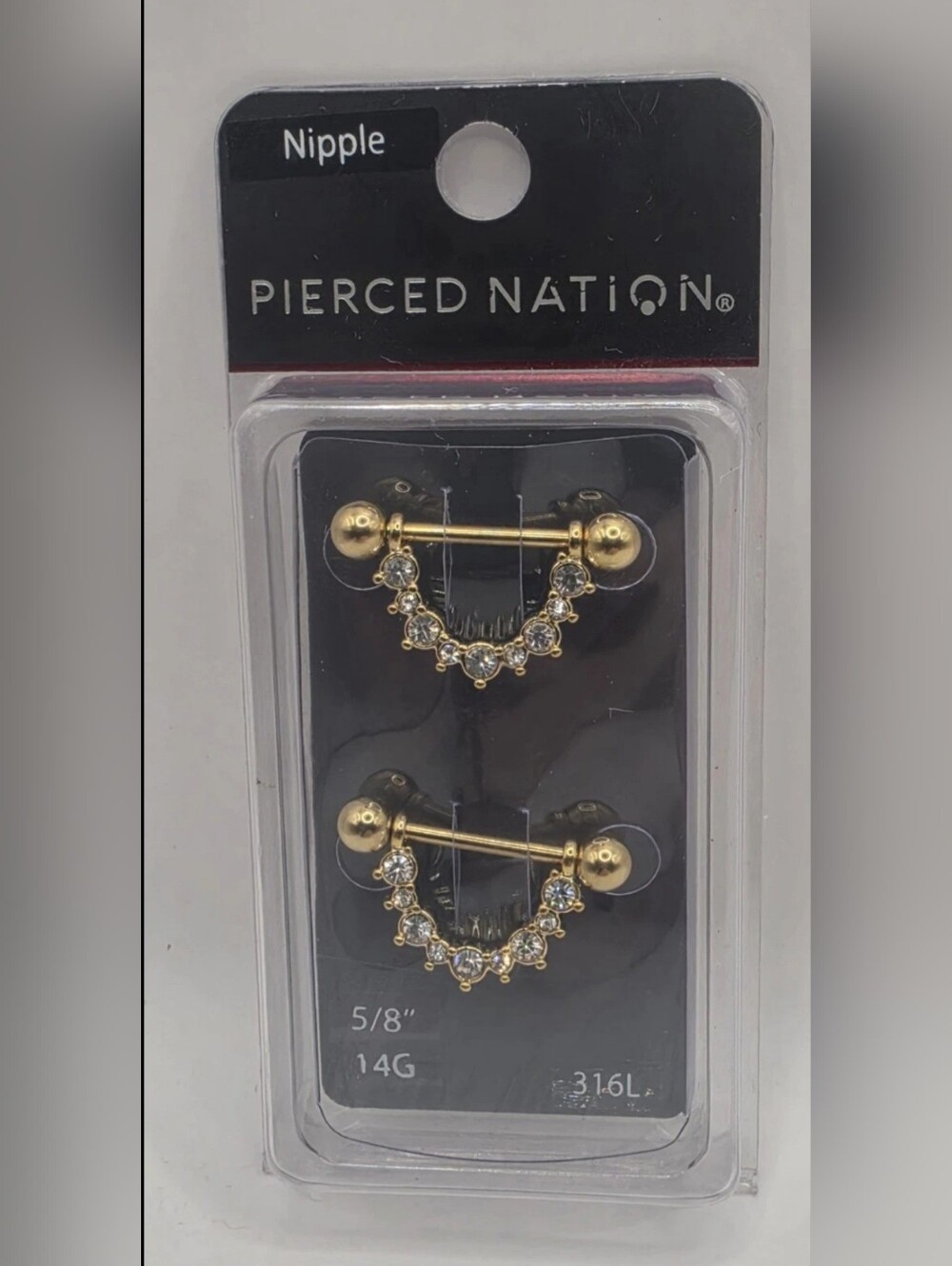 Pierced Nation 14G Gold Color 316L Nipple Shield Barbells 5/8" Clear Crystal